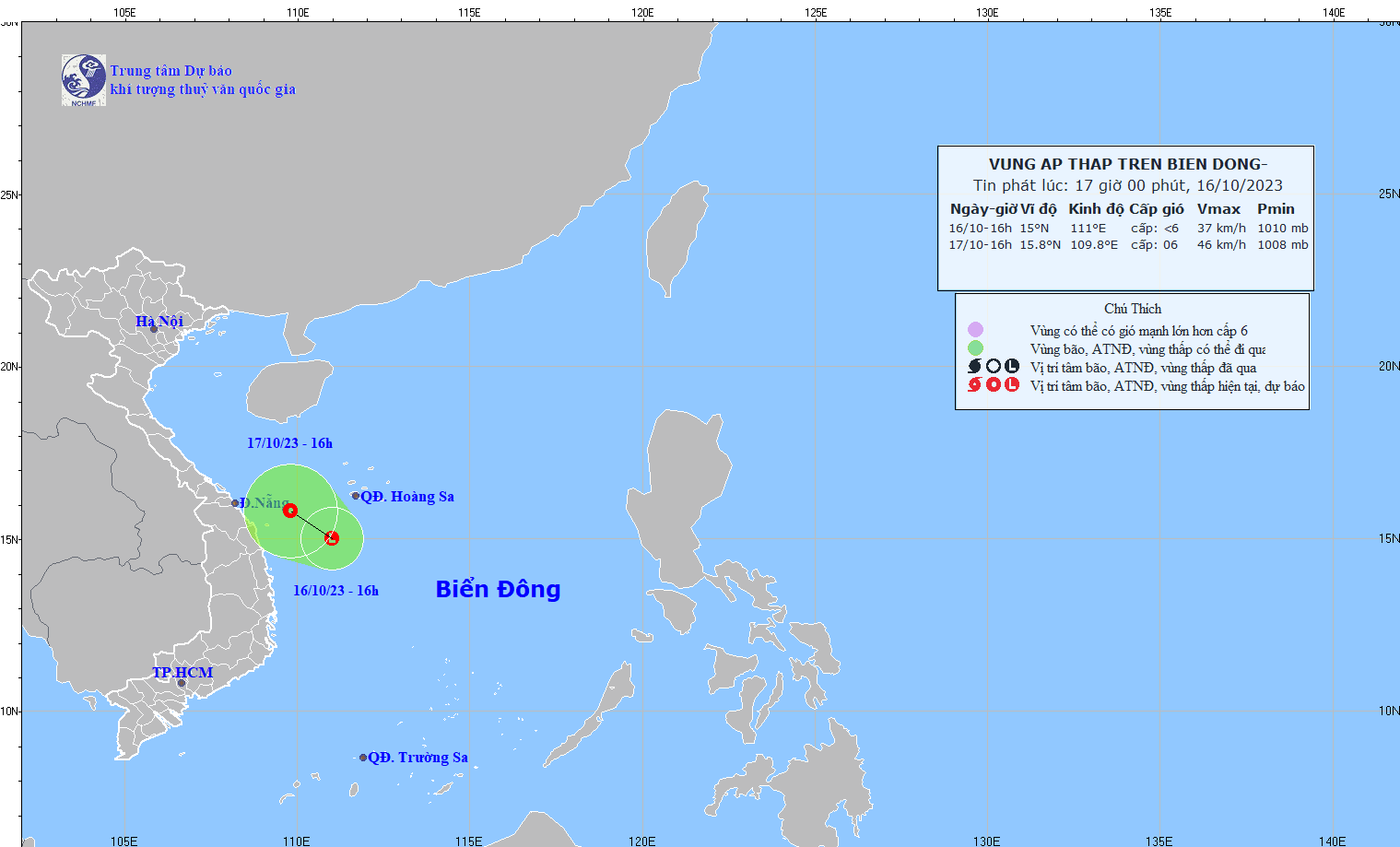 Dự báo về áp thấp trên Biển Đông hồi 17h ngày 16.10. Ảnh: Trung tâm Dự báo Khí tượng Thủy văn Quốc gia