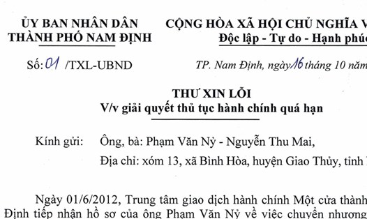 Thư xin lỗi dân của UBND TP Nam Định. Ảnh: Chụp màn hình