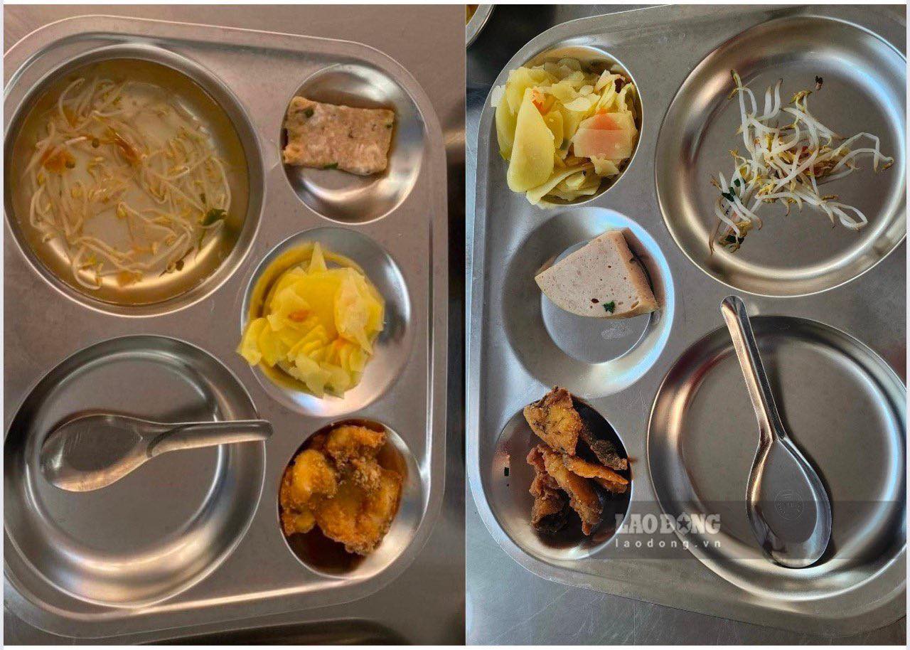 Suất ăn bán trú lèo tèo vài miếng của học sinh trường THCS Yên Nghĩa. Ảnh: Phụ huynh cung cấp