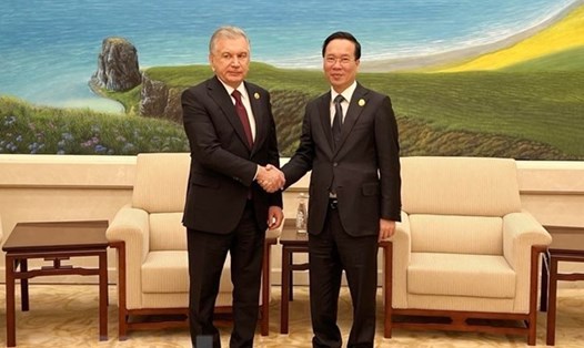 Chủ tịch nước Võ Văn Thưởng và Tổng thống Cộng hòa Uzbekistan Shavkat Mirziyoyev. Ảnh: TTXVN