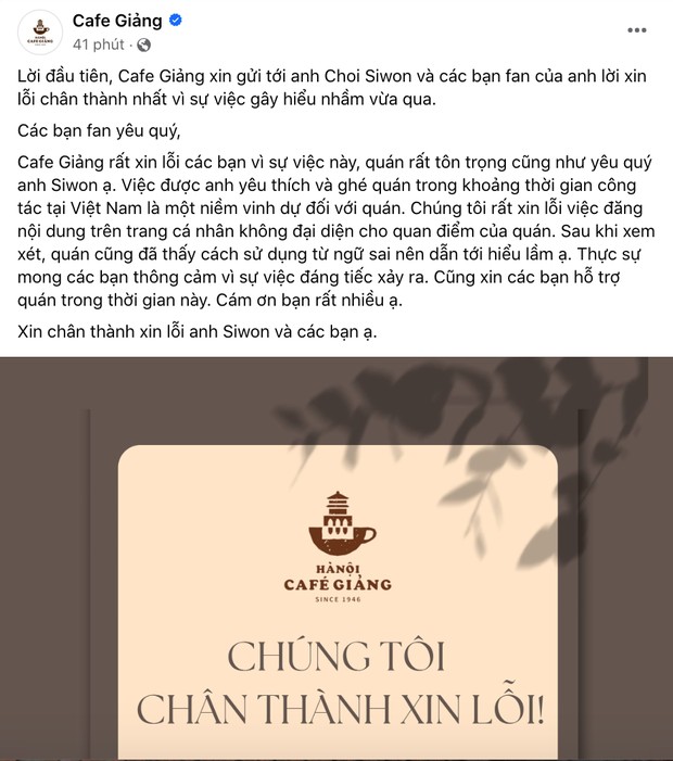 Facebook quán cà phê Giảng gửi lời xin lỗi tới Choi Siwon. Ảnh: Chụp màn hình