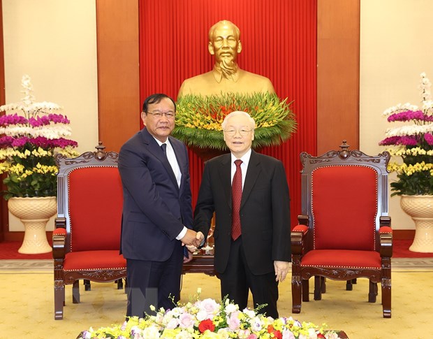 Tổng Bí thư Nguyễn Phú Trọng khẳng định, Việt Nam luôn ủng hộ công cuộc xây dựng và phát triển đất nước Campuchia. Ảnh: TTXVN