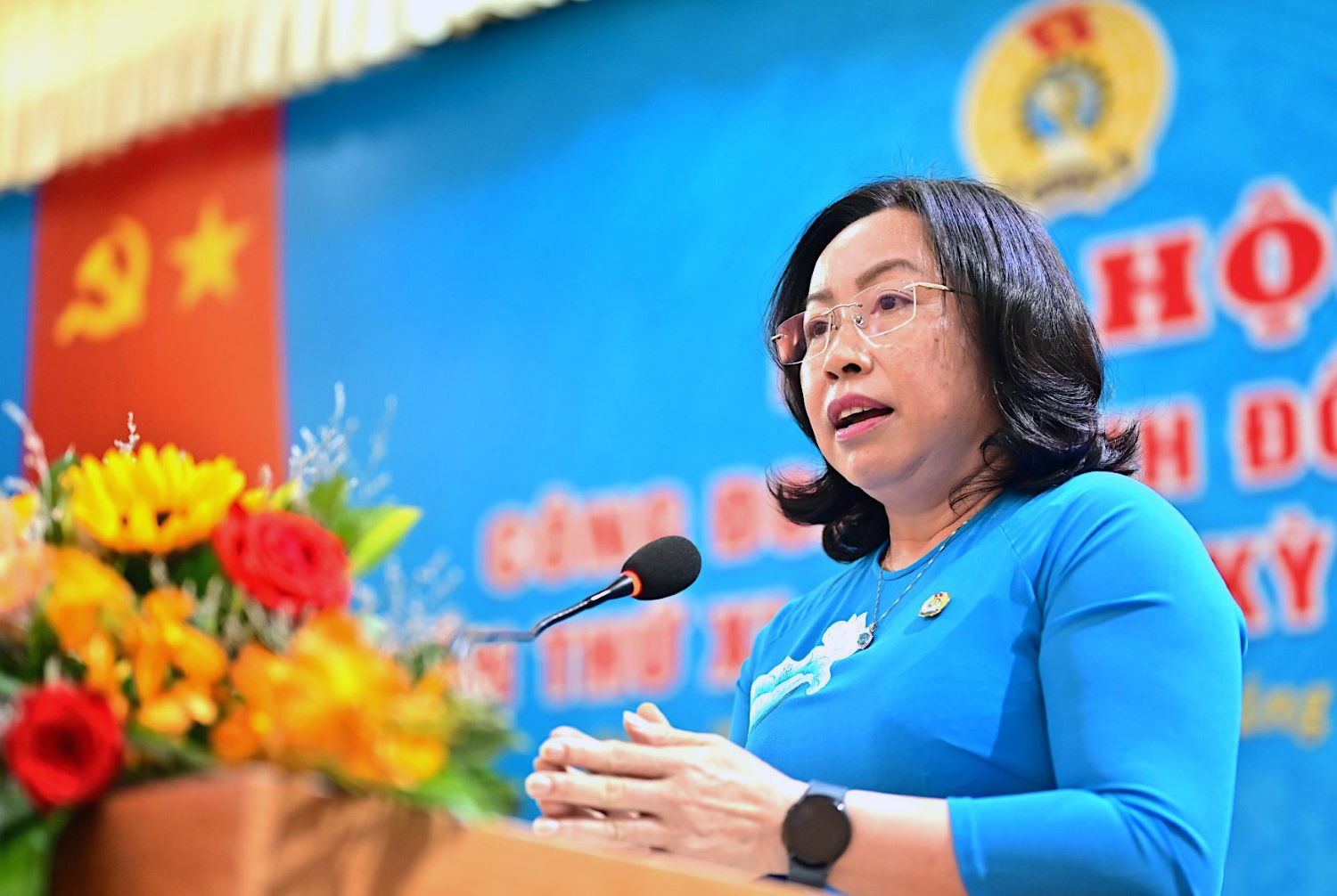 Phó Chủ tịch Tổng LĐLĐ Việt Nam Thái Thu Xương phát biểu tại Đại hội Công đoàn tỉnh Đồng Tháp. Ảnh: Đạt Phan