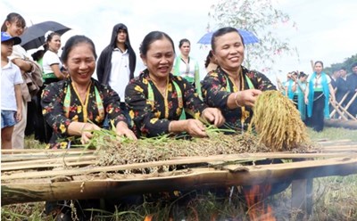 Người dân tộc Thái nướng lúa để làm cốm trong lễ hội. Ảnh: Anh Vũ