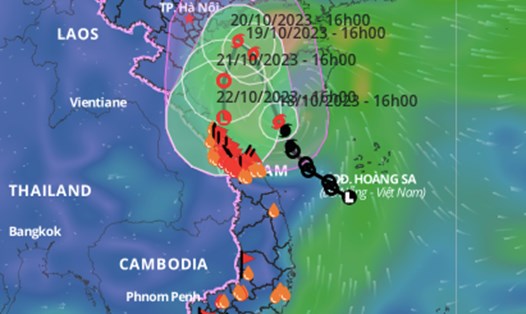 Vị trí và đường đi của bão số 5 cập nhật lúc 16h ngày 18.10. Ảnh: VNDMS.