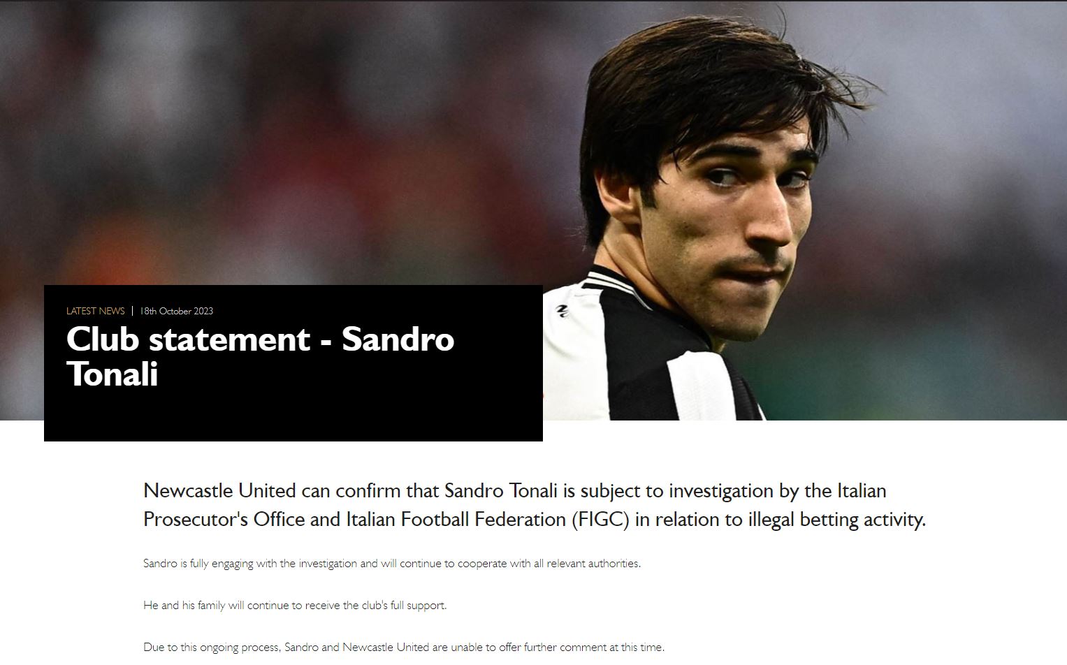 Thông báo trên trang chủ của Newcastle về trường hợp của Sandro Tonali