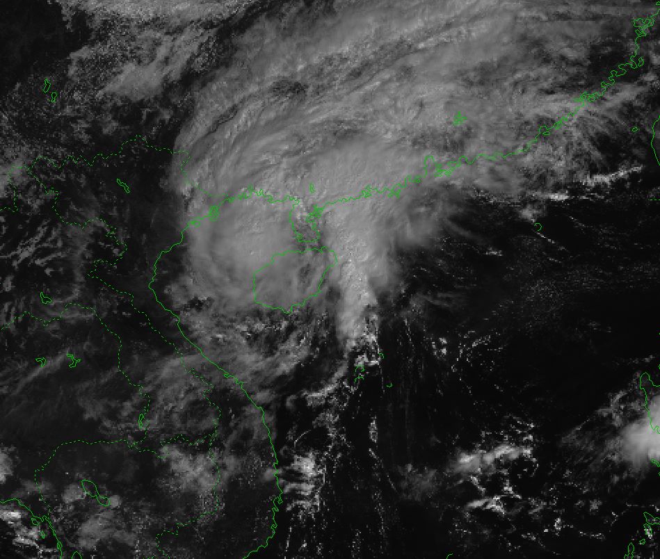 Ảnh vệ tinh bão số 5 trên Biển Đông hồi 9h ngày 19.10, khoảng 19.4 độ vĩ bắc; 108.6 độ kinh đông. Ảnh: Trung tâm Khí tượng Thủy văn Quốc gia Việt Nam