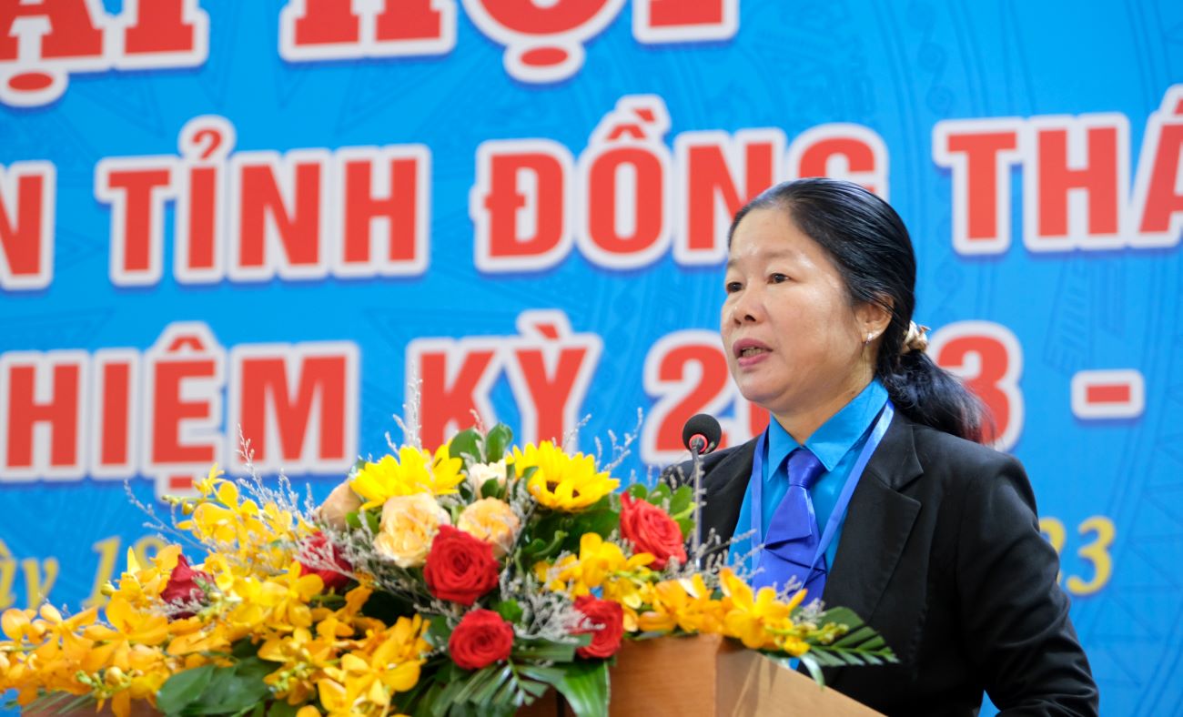 Bà Huỳnh Thị Tuyết Vui, tân Chủ tịch LĐLĐ tỉnh Đồng Tháp nhiệm kỳ 2023-2028. Ảnh: Tùng Linh
