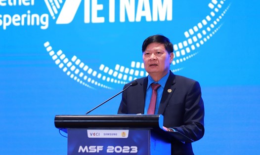 Ông Phan Văn Anh - Phó Chủ tịch Tổng LĐLĐVN - phát biểu tại diễn đàn đa phương (MSF) 2023. Ảnh: Minh Ánh
