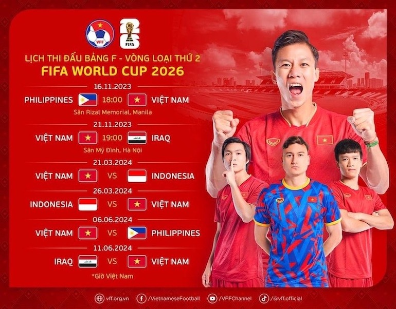 Lịch thi đấu của đội tuyển Việt Nam tại vòng loại thứ 2 World Cup 2026. Ảnh: VFF