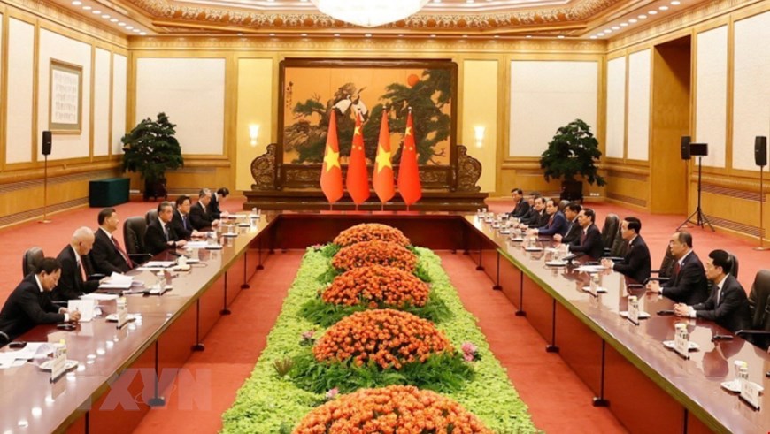 Quang cảnh cuộc Chủ tịch nước Võ Văn Thưởng hội kiến Tổng Bí thư, Chủ tịch Trung Quốc Tập Cận Bình tại Bắc Kinh, Trung Quốc. Ảnh: TTXVN