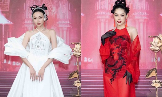 Hoa hậu Thùy Tiên cùng Á hậu Hồng Hạnh rực rỡ tại thảm đỏ đêm thi trang phục dân tộc. Ảnh: BTC