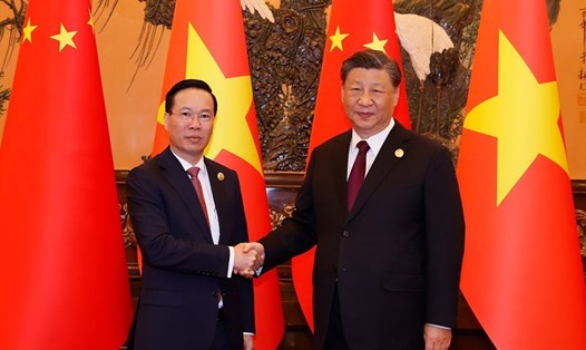 Chủ tịch nước Võ Văn Thưởng hội kiến Tổng Bí thư, Chủ tịch Trung Quốc Tập Cận Bình sáng 20.10 tại Bắc Kinh. Ảnh: TTXVN