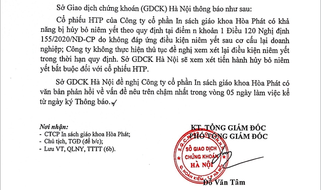 Cổ phiếu HTP của Công ty cổ phần In sách giáo khoa Hoà Phát có khả năng bị huỷ bỏ niêm yết. Ảnh: Chụp màn hình. 