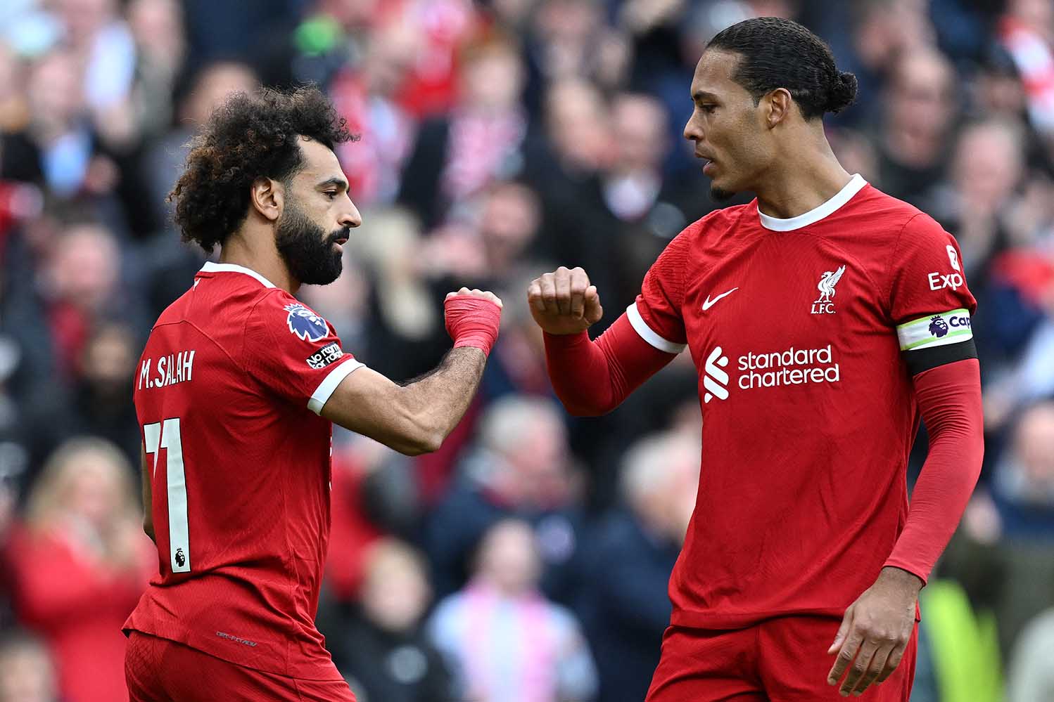 Salah và Van Dijk là những người đã làm nên chiến thắng cho Liverpool ở Derby Merseyside tại vòng 9. Ảnh: AFP