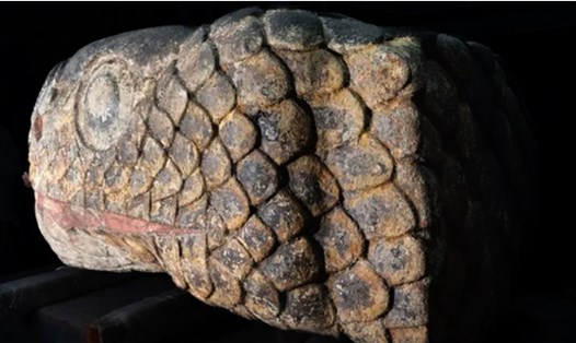 Tượng đầu rắn nặng 1,3 tấn được các nhà khảo cổ học thuộc Viện Nhân chủng học và Lịch sử Quốc gia Mexico phát hiện sau một trận động đất 7,6 độ richter. Ảnh: INAH