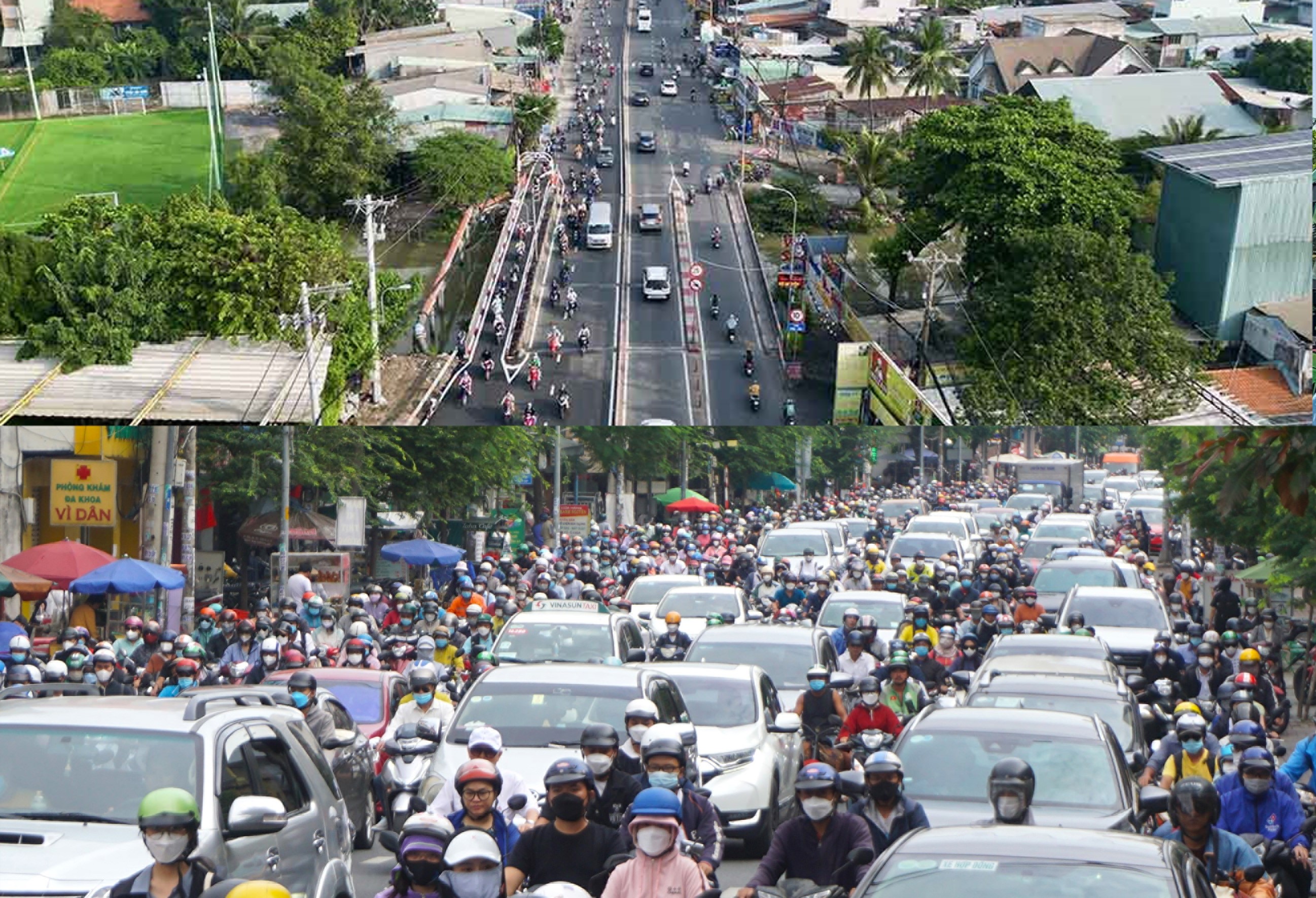 Quốc lộ 13 thông thoáng nhưng đường Đinh Bộ Lĩnh lại kẹt xe nghiêm trọng. Ảnh: Minh Quân