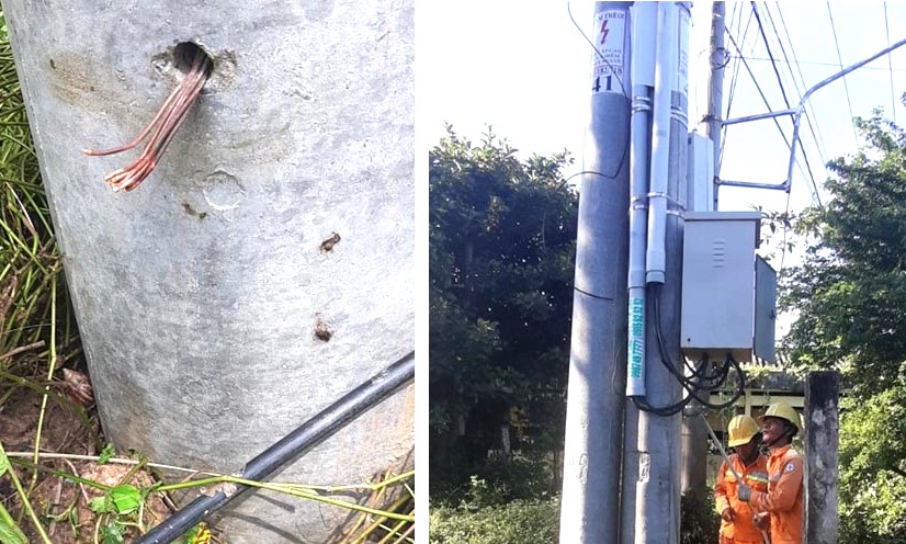 Hiện trường dây điện tiếp đất bị cắt trộm tại trạm biến áp và công nhân ngành điện đang khắc phục sự cố do bị trộm thiết bị. Ảnh: Điện lực Bạc Liêu cung cấp