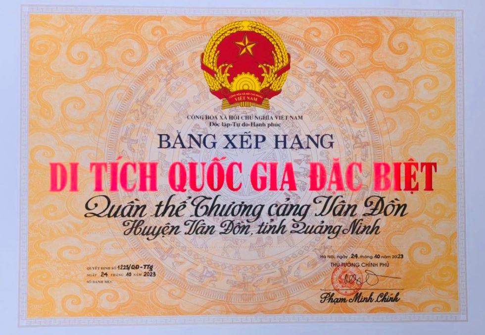 Bảng xếp hạng Di tích quốc gia đặc biệt đối với Di tích Thương cảng cổ Vân Đồn.