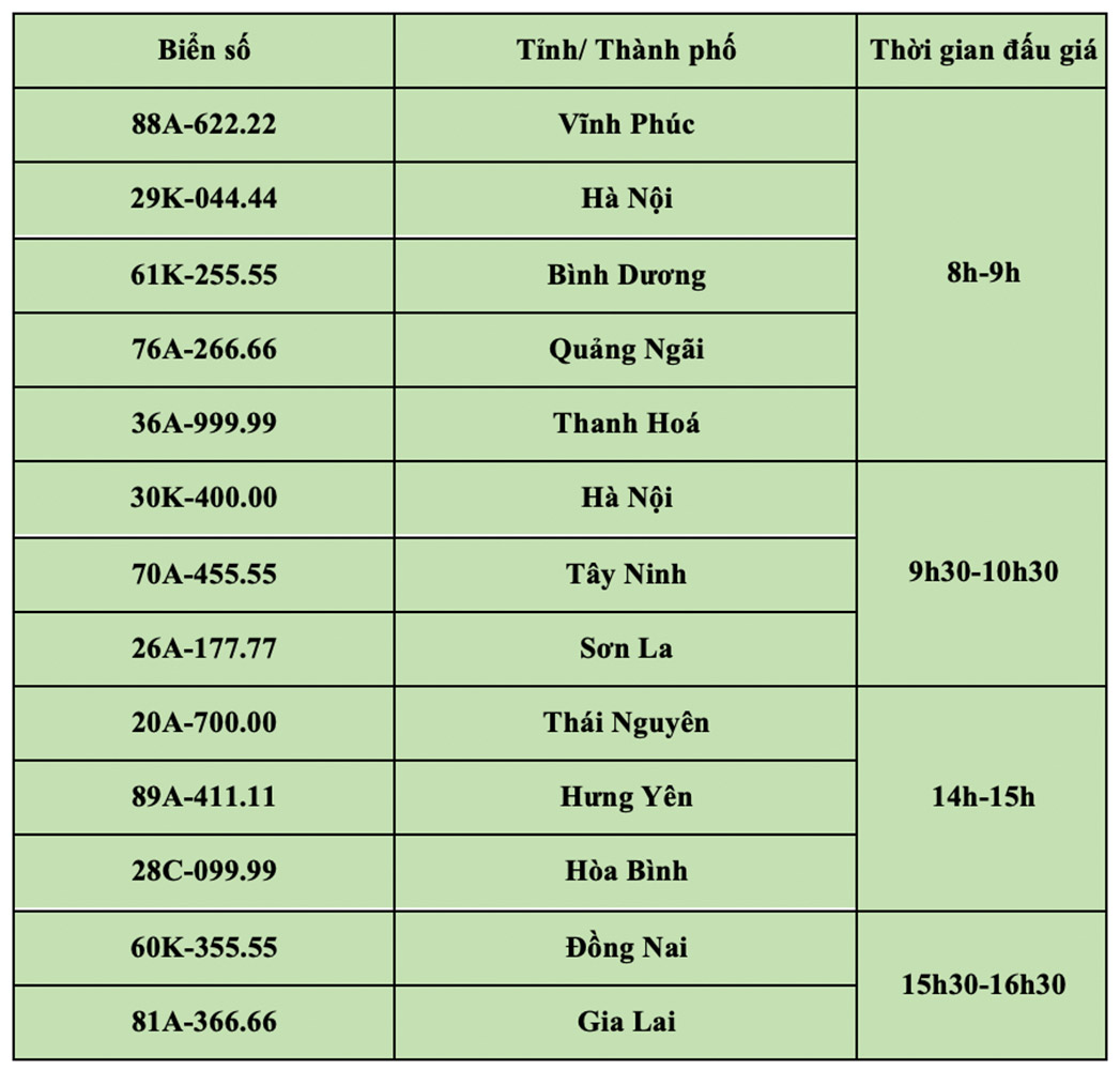 Danh sách các biển số ngũ quý, tứ quý xuất hiện trong phiên đấu giá ngày 25.10. Ảnh: Lam Duy