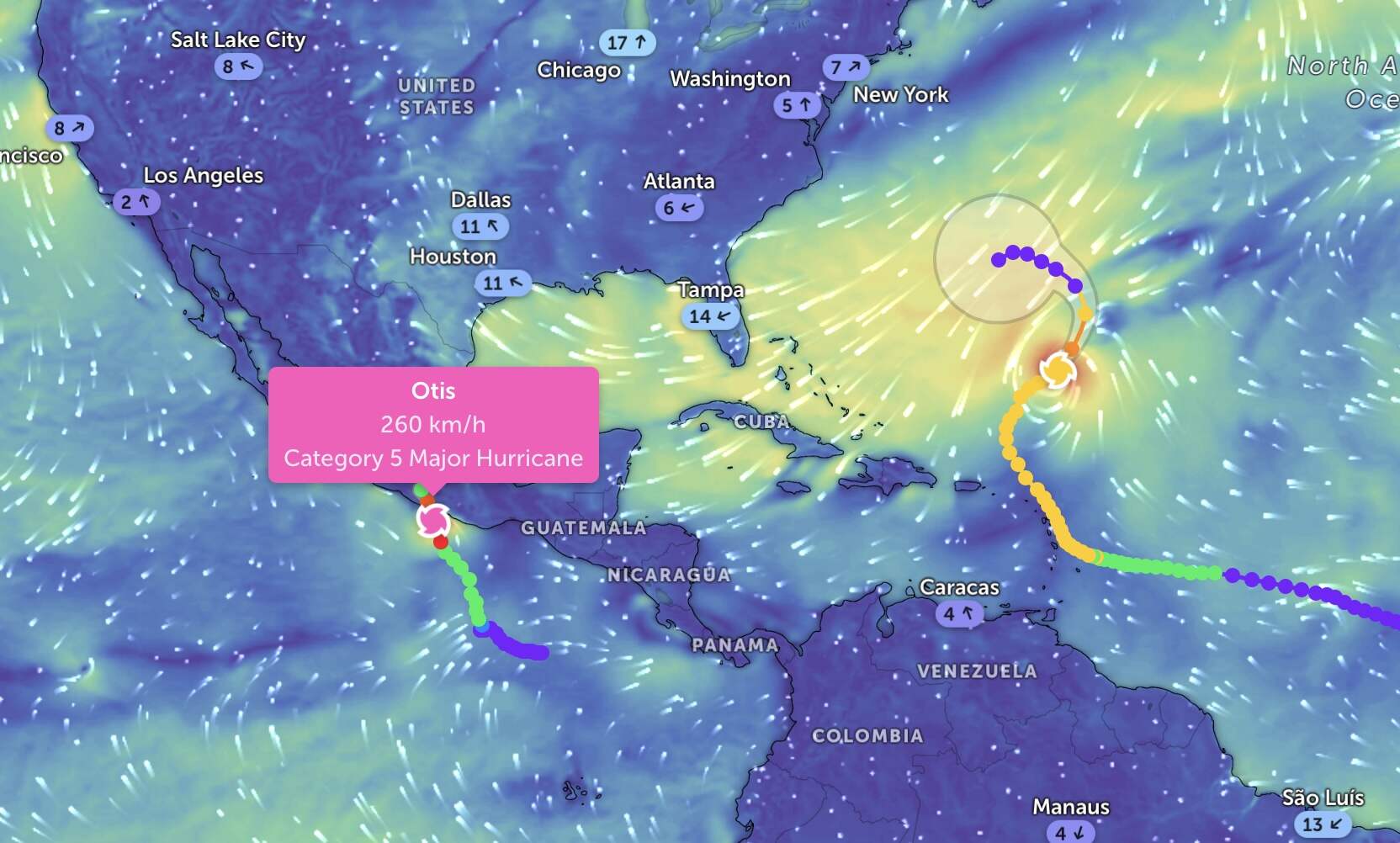 Vị trí của bão Otis (màu hồng) sáng 25.10, giờ Hà Nội và đường đi của bão Tammy. Ảnh: Zoom Earth