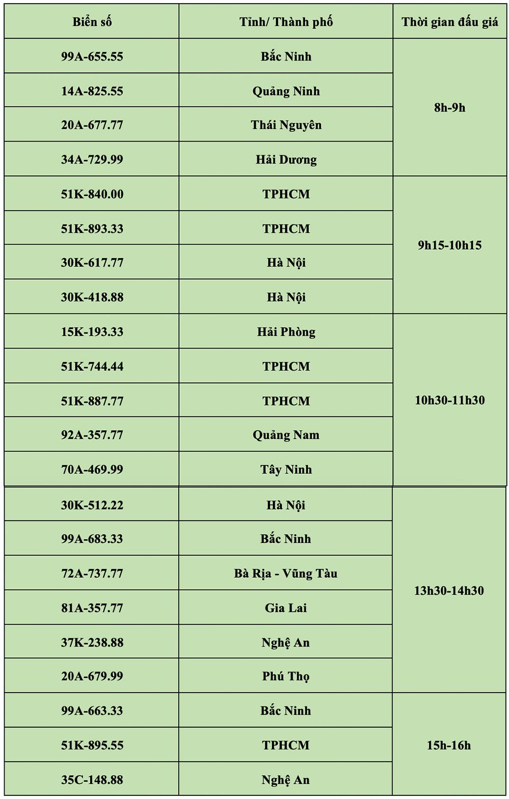 Danh sách các biển số tam hoa, tứ quý xuất hiện trong phiên đấu giá ngày 26.10. Ảnh: Lam Duy