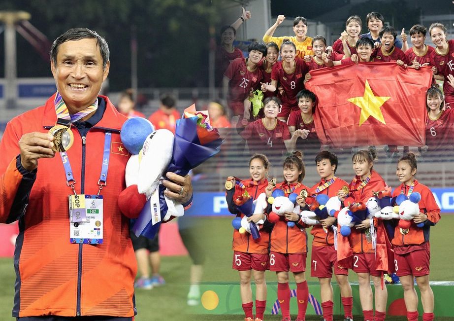 Huấn luyện viên Mai Đức Chung và tấm huy chương vàng SEA Games 30 cùng tuyển nữ Việt Nam. Đồ hoạ: Phương Anh 