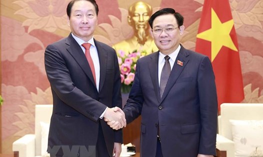  Chủ tịch Quốc hội Vương Đình Huệ tiếp ông Chey Tae Won - Chủ tịch Tập đoàn SK, Hàn Quốc. Ảnh: TTXVN