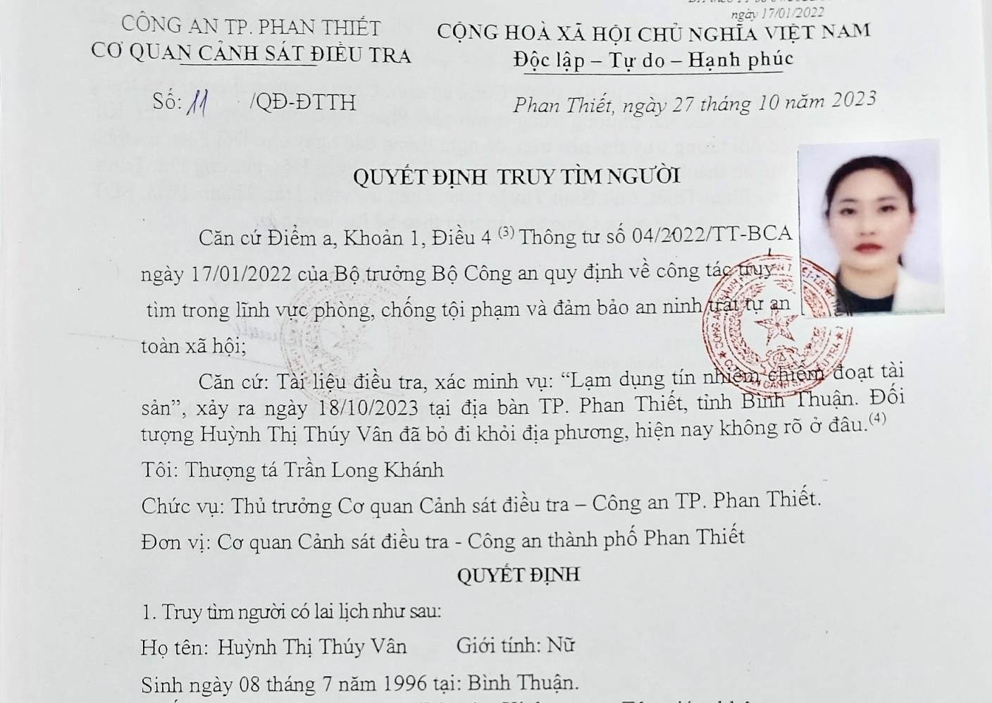 Quyết định truy tìm đối với Huỳnh Thị Thuý Vân. Ảnh: Công an