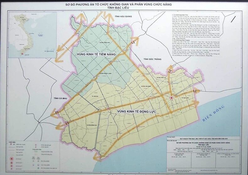 Bản đồ quy hoạch các khu chức năng tỉnh Bạc Liêu đến năm 2030 tầm nhìn đến năm 2050. Ảnh: Nhật Hồ
