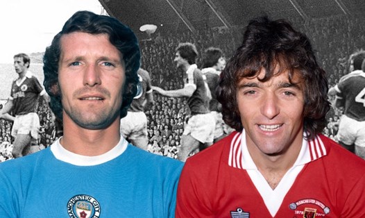 Mike Doyle (Man City) và Lou Macari (Man United) là những người đã bị đuổi khỏi sân trong trận Derby Manchester lượt đi mùa giải 1973-1974. Ảnh: MEN