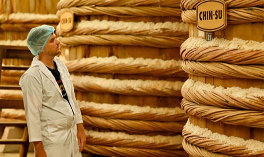 Chad Kubanoff ngẩn ngơ ở nhà thùng Chin-su Phú Quốc. 
Mỗi thùng gỗ này chứa  từ 13 - 15 tấn cá cơm. Ảnh: Masan Consumer