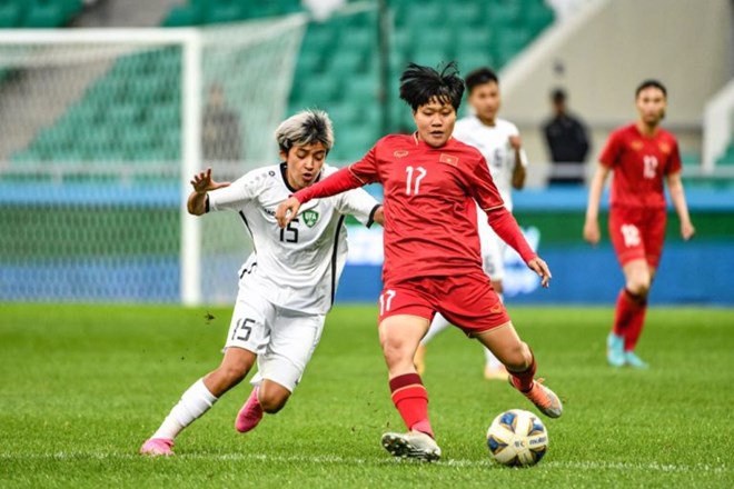 Tuyển nữ Việt Nam ở trận thua 0-1 trước tuyển nữ Uzbekistan tại vòng loại 2 Olympic Paris 2023-2024. Ảnh: UFA 