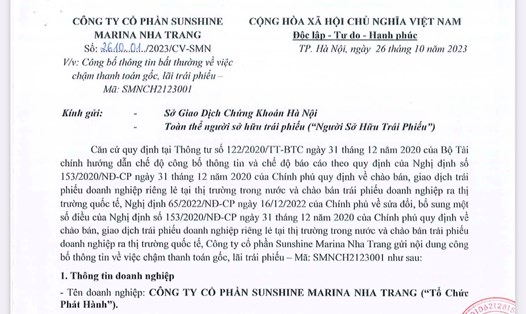 Sunshine Marina Nha Trang công bố thông tin chậm thanh toán trái phiếu. Ảnh: Chụp màn hình. 