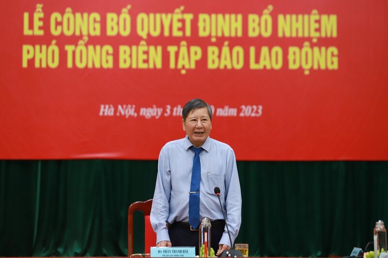 Phó Chủ tịch Thường trực Tổng LĐLĐVN Trần Thanh Hải phát biểu tại buổi lễ. Ảnh: Tô Thế.
