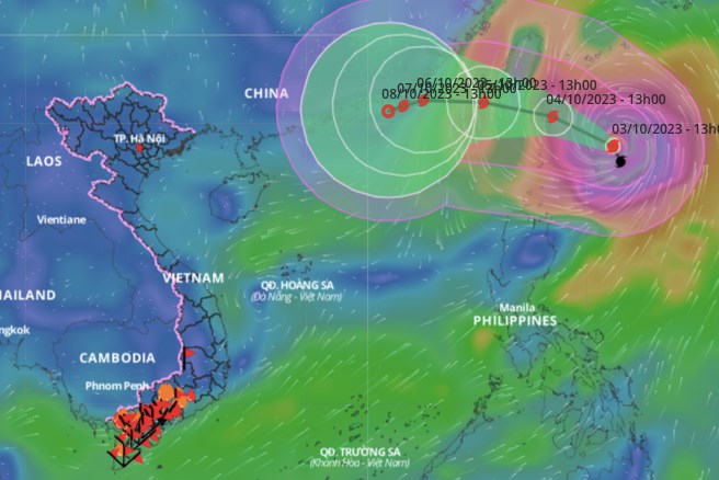 Vị trí và đường đi của bão Koinu cập nhật lúc 14 giờ ngày 3.10. Ảnh: VNDMS