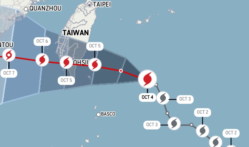 Dự báo vùng ảnh hưởng của bão Koinu ở Đài Loan (Trung Quốc). Ảnh: AccuWeather