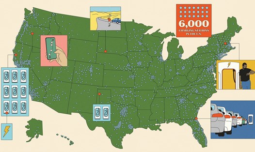 Mật độ trạm sạc xe điện ở Mỹ. Ảnh: MIT Technology Review