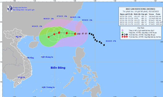 Hình ảnh hướng di chuyển của cơn bão Koinu hồi 13h ngày 5.10. Ảnh: Trung tâm Dự báo KTTVQG.