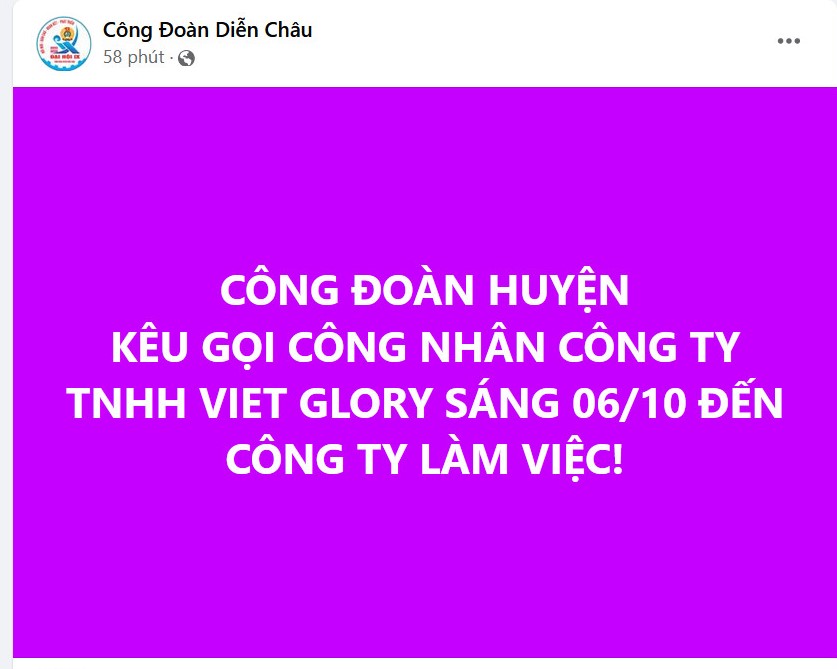 Trang Facebook “Công đoàn Diễn Châu” ngày 5.10  kêu gọi công nhân Công ty TNHH VietGlory trở lại làm việc vào sáng 6.10. Ảnh: Quang Đại