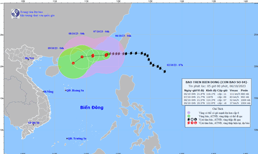 Vị trí bão Koinu (bão số 4) trên Biển Đông lúc 5h ngày 6.10.2023. Ảnh: Trung tâm Dự báo Khí tượng Thủy văn Quốc gia