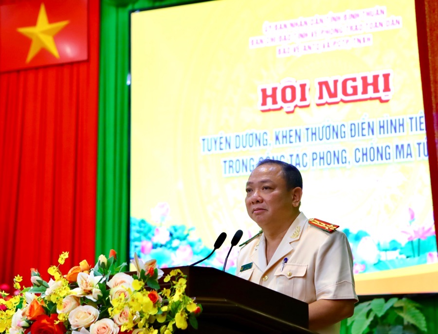 Đại tá Lê Quang Nhân, Giám đốc Công an tỉnh Bình Thuận phát biểu. Ảnh: Duy Tuấn