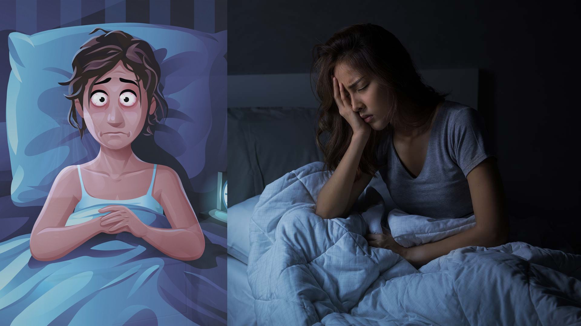 Mất ngủ kinh niên (mãn tính) do nhiều yếu tố. Đồ hoạ: Lý Linh