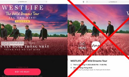 Website giả mạo (phải) bắt chước theo website bán vé chính thức (trái). Ảnh: ticketbox.vn