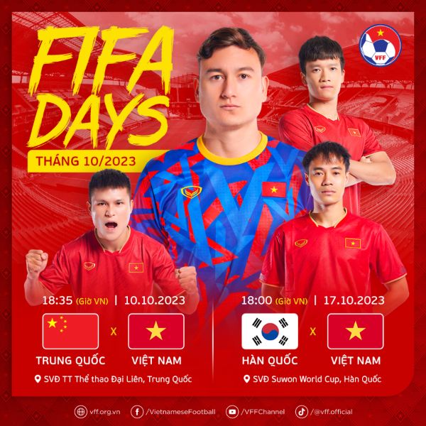 Lịch thi đấu giao hữu của đội tuyển Việt Nam với Trung Quốc, Hàn Quốc dịp FIFA Days tháng 10. Ảnh: VFF