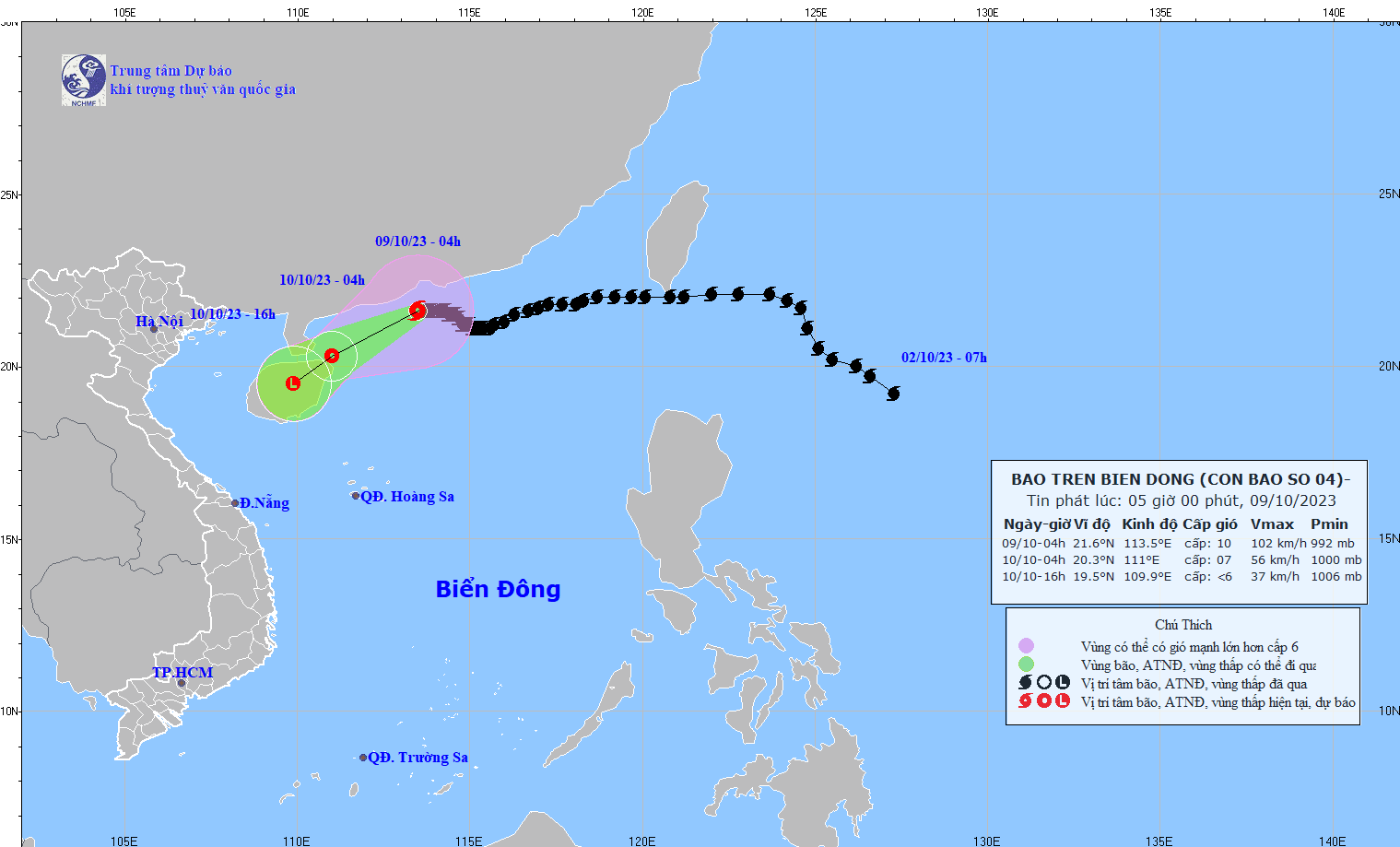 Dự báo đường đi của bão số 4 Koinu. Ảnh: Trung tâm Dự báo Khí tượng Thủy văn Quốc gia