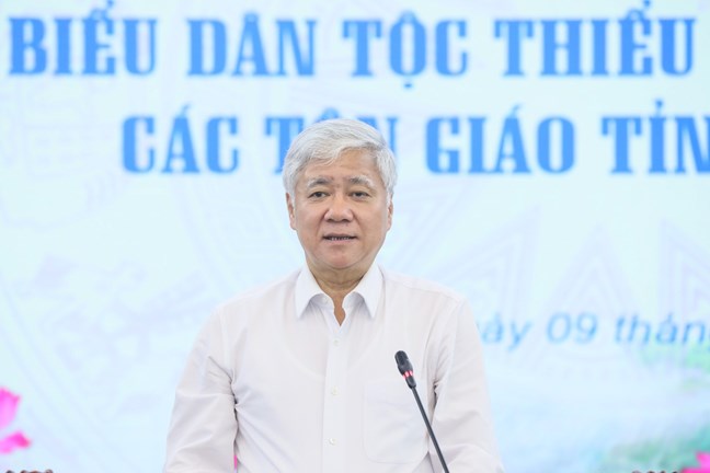 Chủ tịch Ủy ban Trung ương MTTQ Việt Nam Đỗ Văn Chiến phát biểu tại buổi gặp mặt. Ảnh: Phạm Đông