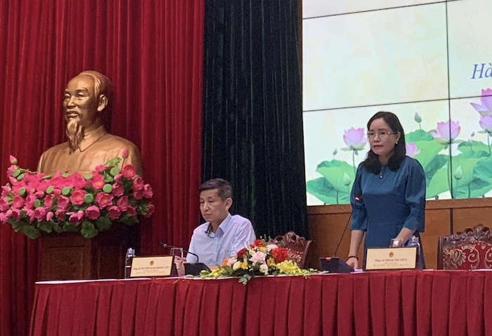 Thứ trưởng Bộ VHTTDL Trịnh Thị Thuỷ phát biểu tai cuộc họp báo thường kì Quý III năm 2023. Ảnh: Phạm Huyền