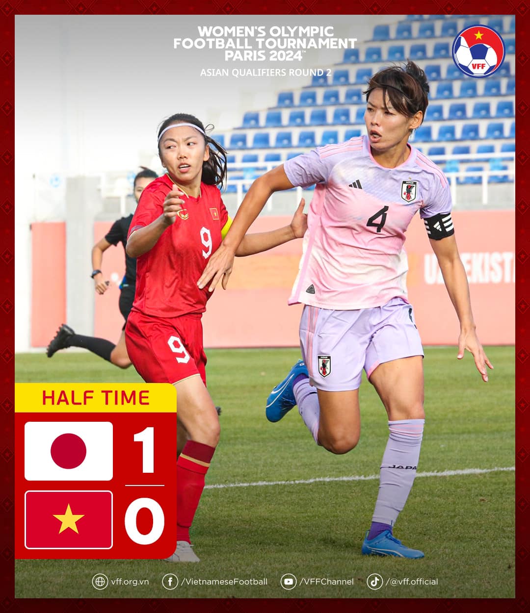Tuyển nữ Nhật Bàn dẫn tuyển nữ 1-0 sau hiệp 1. Ảnh: VFF