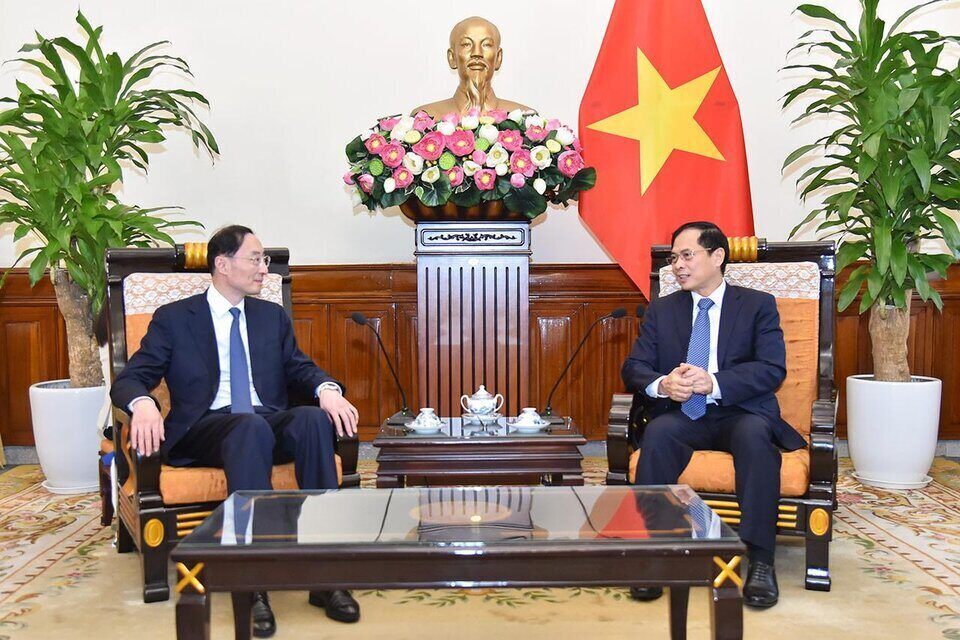 Bộ trưởng Ngoại giao Bùi Thanh Sơn (phải) tiếp Thứ trưởng Ngoại giao Trung Quốc Tôn Vệ Đông. Ảnh: BNG